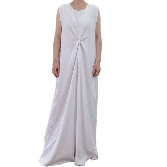 White Sleeveless Pleated Lined Dress
